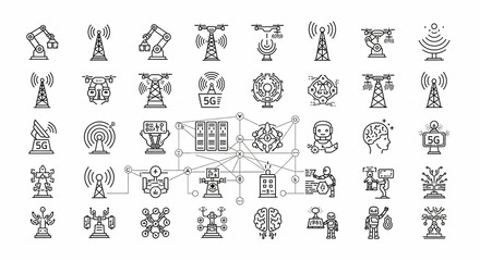 Monochrome flat lay featuring diverse communication icons representing networks and connectivity on a clean white background, conveying a technological and structured