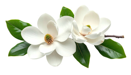 Two white magnolia blossoms and green leaves on black background