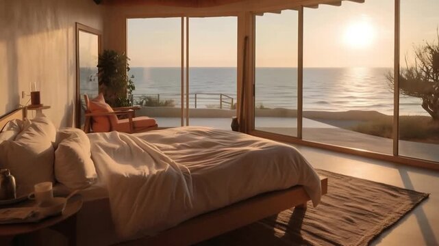 Serene bedroom with ocean view and warm sunlight streaming through windows