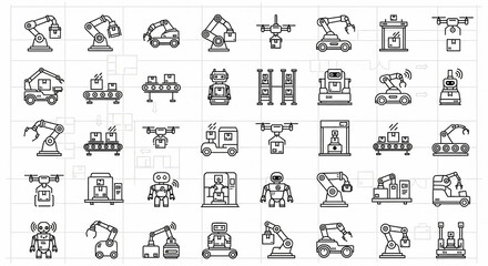A collection of automation icons displayed as a flat lay illustration with a clean, minimalist design and a neutral color palette against a light background.