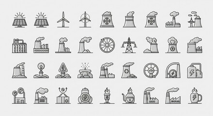 A diverse collection of industry icons illustrating various energy production methods against a clean white background in a modern, minimalist style.