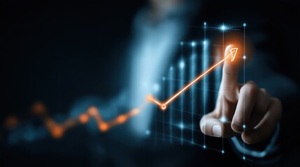 Obraz premium A hand interacts with a digital graph, showcasing an upward trend, symbolizing growth and progress in a business or financial context.