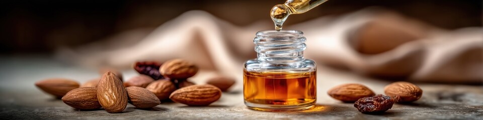 Dropper pouring almond oil into small glass bottle with almonds and raisins