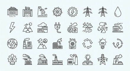 A collection of sustainable energy icons illustrating diverse methods against a clean white background in a minimalist, flat design style with a modern, neutral tone.