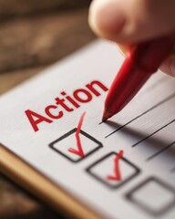 A hand checks off tasks on a list labeled "Action," emphasizing productivity and organization.