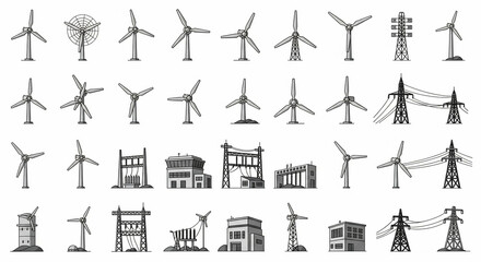 Monochrome drawing displaying various electricity-related structures including wind turbines and power lines arranged against a clean white background.