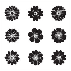Set of nine black and white flower silhouettes, floral elements set and bundle silhouette art vector design