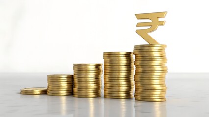Growing wealth with golden Indian Rupee coins showing financial success and investment growth for business and personal finance concepts