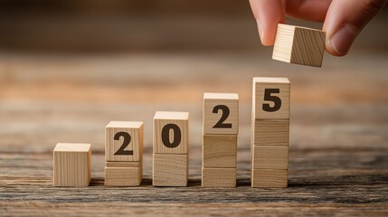 A hand places a wooden block labeled "5" on top of blocks numbered "2," "0," and "2," symbolizing growth or progress towards the year 2025.
