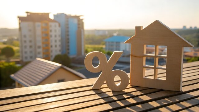 Lower interest rates dream with percentage sign and house for real estate and mortgage, home loan concept in the warm sunlight, finance