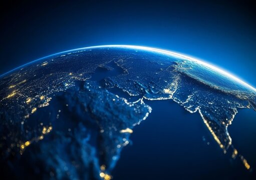 Stunning Earth view from space showing Asia at night with city lights shining brightly, illustrating global connectivity and technology advancement