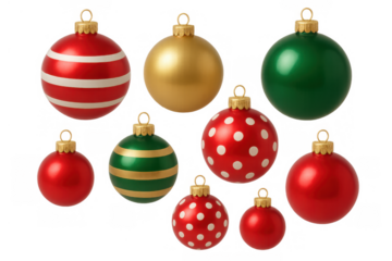 Variety of christmas ornaments with red, green, and gold baubles in different patterns to enhance holiday decorations