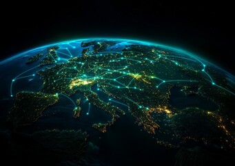Obraz premium Stunning global network connecting Europe, showcasing vibrant city lights, perfect for technology, business, or travel concepts and modern communications