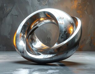 Shiny metallic sculpture with intersecting rings, against textured background