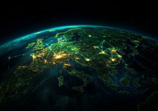 Europe glows with vibrant connections, showcasing a modern global network, perfect for illustrating international business and travel opportunities