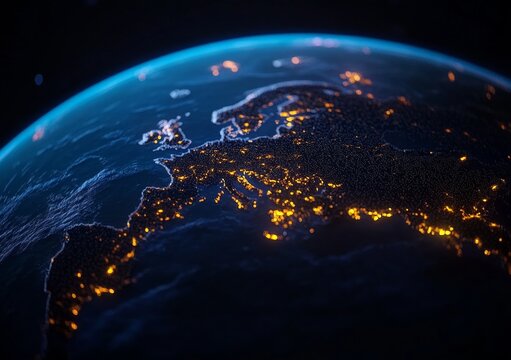 Stunning earth view showcases Europe's vibrant city lights, ideal for global business, travel, or environmental projects, a modern and dynamic design element
