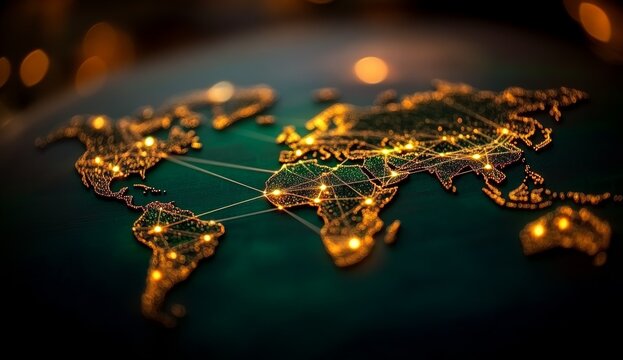 Global connections light up a world map, symbolizing international business reach and worldwide digital network growth for your brand's global vision. - Powered by Adobe