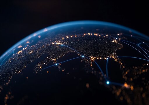 Global network illuminating worldwide data connections across continents for business expansion and technology solutions with a futuristic vibe