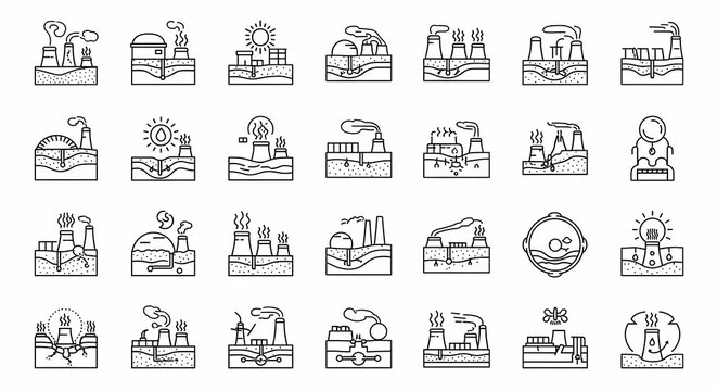 A collection of black and white vector line icons depicting various industrial processes against a clean white background in a simple, graphic style.