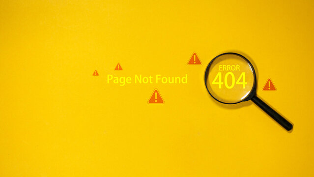 Error 404 Page Not Found with Magnifying Glass on Yellow Background