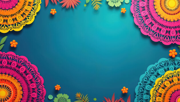 Colorful papel picado banners and floral elements frame a deep blue background, ideal for celebration and event invitations. This design is perfect for Hispanic Heritage Month or festive party themes.