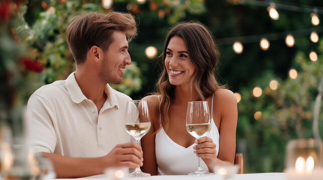 Happy romantic couple enjoying wine together at outdoor restaurant with bokeh lights. Young man and woman smiling, celebrating special occasion. Love, romance and relationship lifestyle concept.