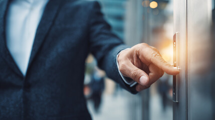 Businessman hand pressing an elevator call button, symbolizing career growth and ambition