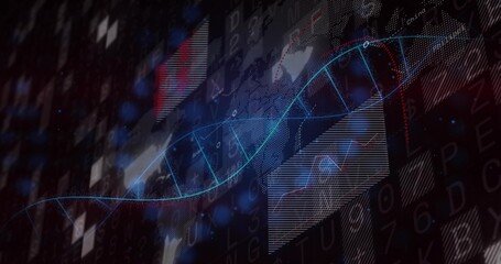 Rendering glowing DNA helix rotating in data visualization environment, with translucent panels