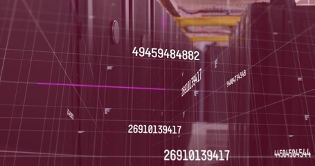 Streaming datacenter aisle with server racks, cable trays, floating numeric points, grid overlay