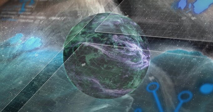 Rotating sphere projecting hex overlay in virtual space, with data panels floating blue icon nodes