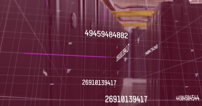 Streaming datacenter aisle with server racks, cable trays, floating numeric points, grid overlay