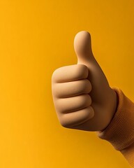 Positive hand gesture giving thumbs up against vibrant yellow background, perfect for success, approval, and agreement concepts