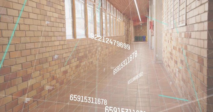 Displaying empty brick corridor showing floating numerical data grid inside hallway, with windows - Powered by Adobe
