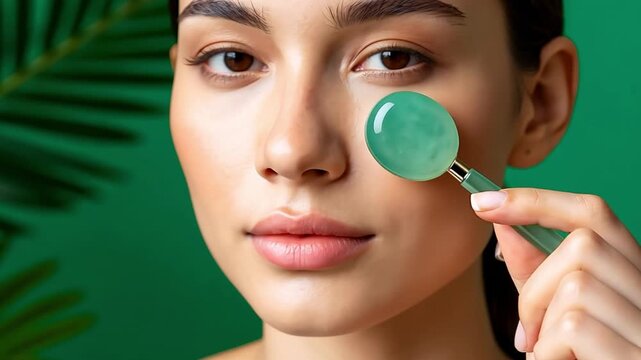 Young woman massaging face with a jade roller for skincare and wellness on a green background. Promoting self-care