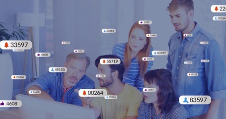 Analyzing five colleagues focusing on media metrics at office computer, with notification badges