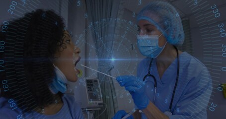 Doctor in scrubs mask gloves taking throat swab from patient in clinic, with swab stick monitor