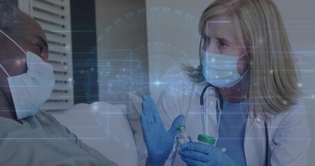 clinician holding two vials wearing gloves speaking to masked patient in exam room, data overlay