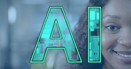 AI graphic hovering over smiling woman in business casual top in office, with glass partitions