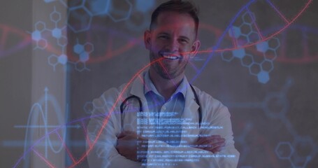 Posing physician wearing lab coat and stethoscope in lab, with DNA helix hexagon code overlays