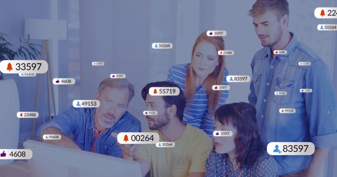 Analyzing five colleagues focusing on media metrics at office computer, with notification badges