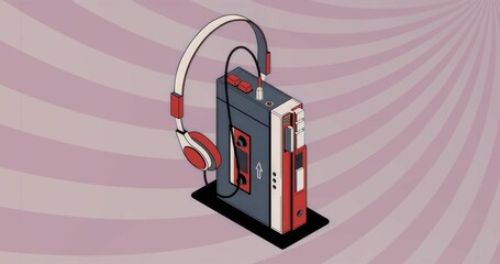 Displaying cassette player on black base in pink swirl backdrop, with over-ear headphones attached