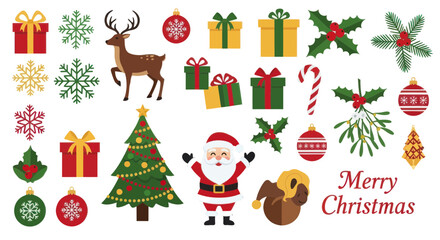 A vibrant collection of festive Christmas icons including Santa Claus, a decorated tree, reindeer, gifts, snowflakes, holly, mistletoe, and ornaments, set against a white background.