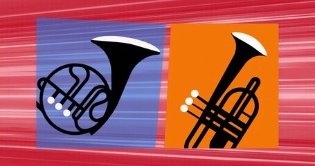 Naklejka na ściany i meble Displaying stylized French horn and trumpet on illustration, contrasting blue and orange panels Naklejka na ściany i meble Displaying stylized French horn and trumpet on illustration, contrasting blue and orange panels