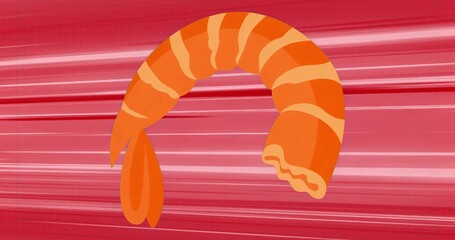 Naklejka na ściany i meble Sliding stylized shrimp across red background, with motion streaks and segmented orange body Naklejka na ściany i meble Sliding stylized shrimp across red background, with motion streaks and segmented orange body