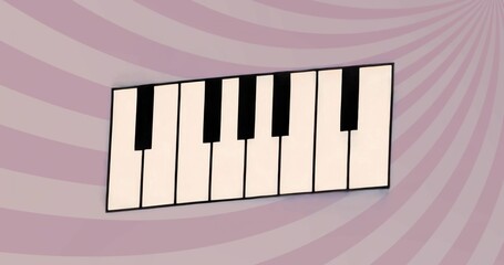 Floating piano panel tilting against pastel purple cream swirl backdrop, showing white black keys