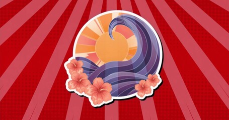 Fototapeta premium Showing circular motif shining on red burst background, with golden sun, purple wave and hibiscus