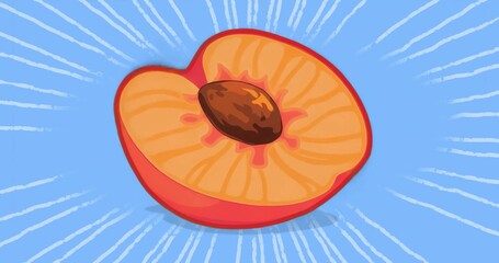 Floating halved peach revealing yellow flesh with pit against graphic blue backdrop with white rays © vectorfusionart