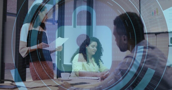 Presenting businesswoman leading cybersecurity discussion in conference room, with padlock overlay