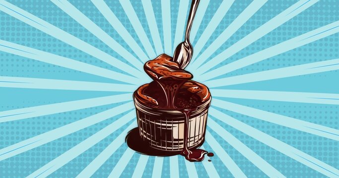 Naklejki Drizzling metal spoon pouring thick chocolate sauce into container on halftone background pooling