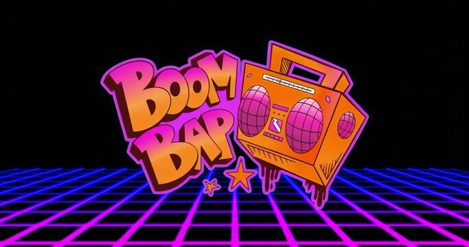 Naklejki Hovering graffiti Boom Bap text and dripping boombox above neon grid and three stars, synthwave